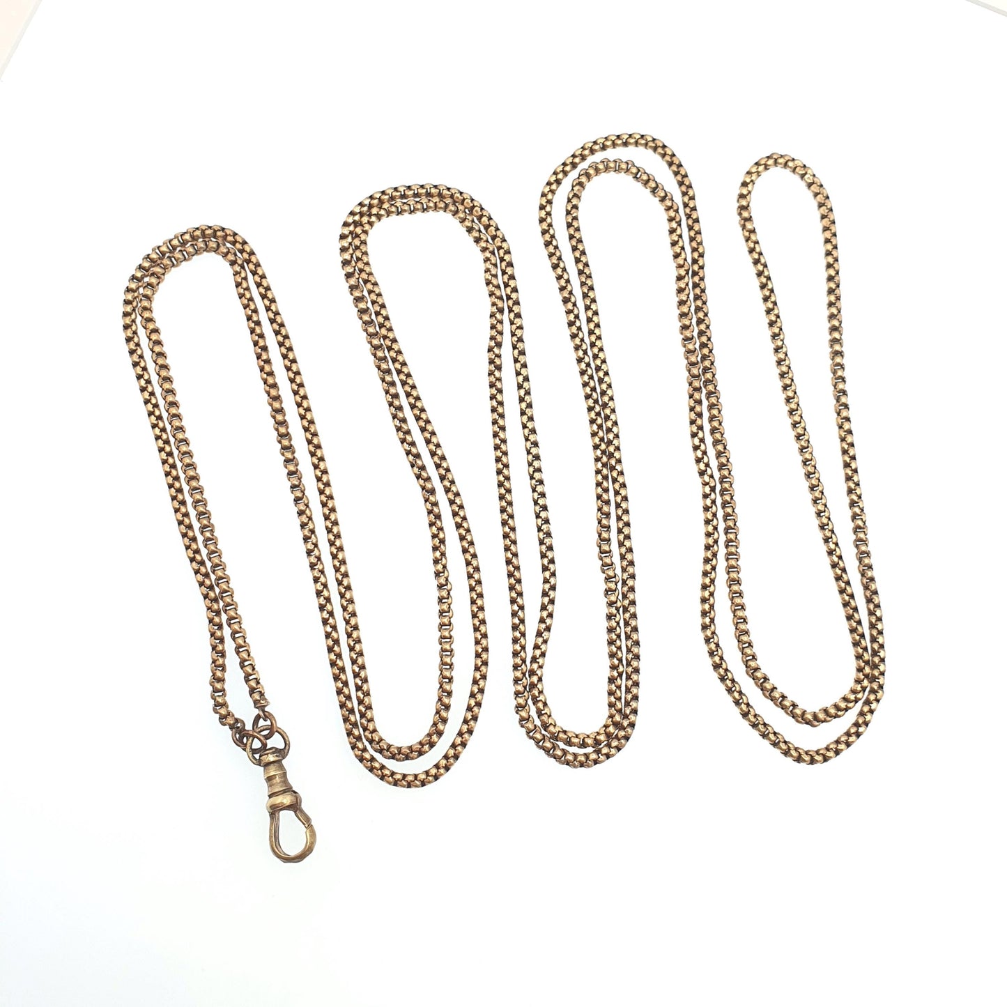 Antique Victorian Muff Chain Necklace Rounded Box Link Dog Clip Gold Gilt Tone Very Long 144cm 20.34g 1800s Guard Vintage Womens