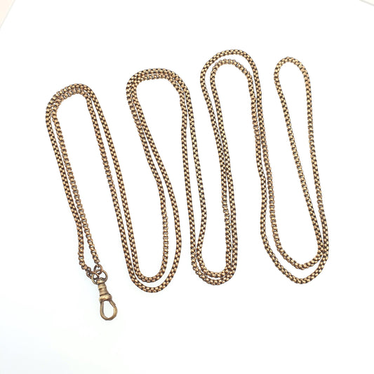 Antique Victorian Muff Chain Necklace Rounded Box Link Dog Clip Gold Gilt Tone Very Long 144cm 20.34g 1800s Guard Vintage Womens