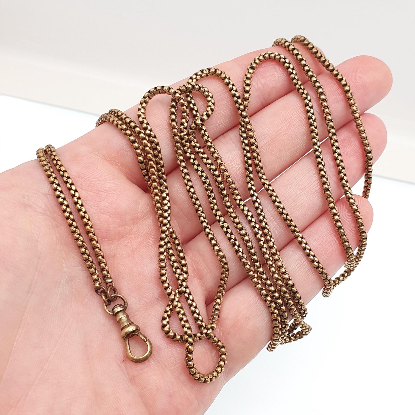 Antique Victorian Muff Chain Necklace Rounded Box Link Dog Clip Gold Gilt Tone Very Long 144cm 20.34g 1800s Guard Vintage Womens