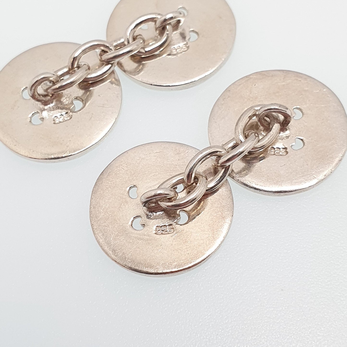 Vintage Sterling Silver Button Cufflinks Cuff Links Solid 925 Chain Pair Buttons Retro Gents Mens Gifts Jewelry Jewellery