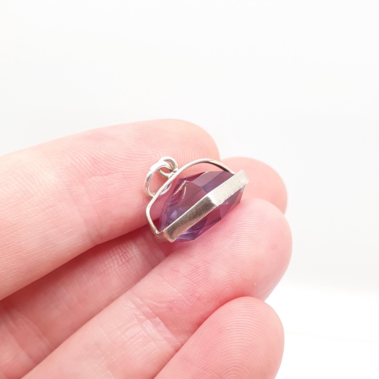Antique Victorian Solid Silver Natural Amethyst Charm Pendant Necklace Old Button Hexagon Cut Genuine Gemstone Vintage Jewellery Jewelry