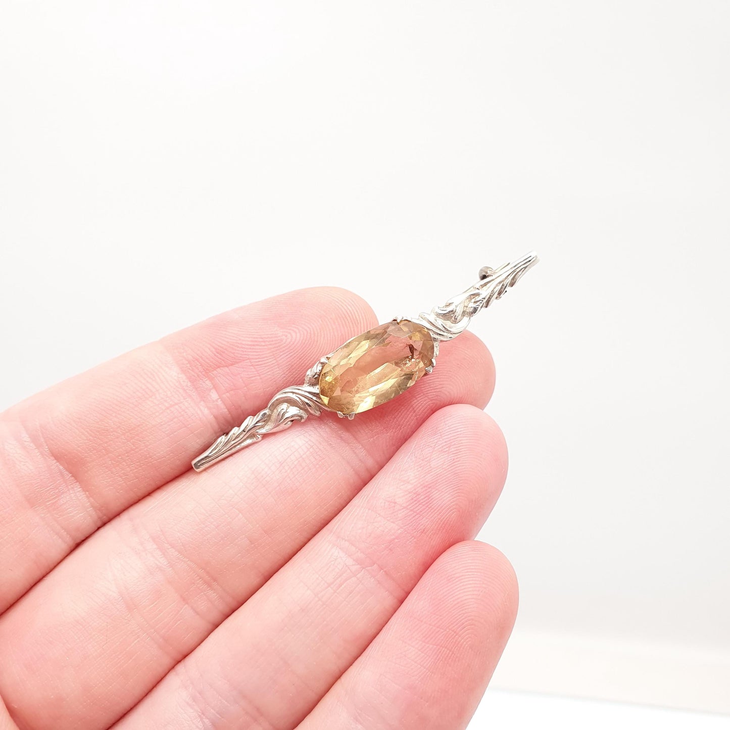 Antique Solid Silver Citrine Brooch Gemstone Art Nouveau Oval Cut Orange Quartz Pin Vintage Gemstone 1900s Ladies Womens Jewelry Jewellery