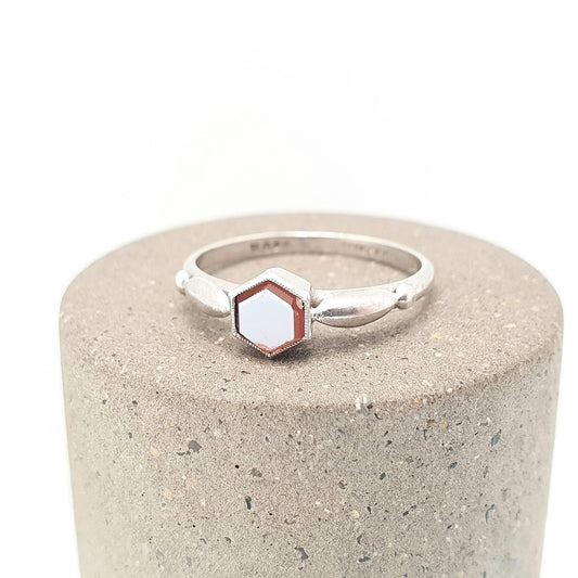 Antique Sterling Silver Agate Glass Signet Ring Hexagon Cut White Face Faux Gemstone Artt Deco 1920s Womens Old Vintage Jewelry Jewellery