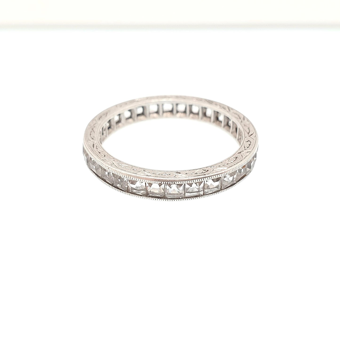 Antique Solid Silver White Sapphire Eternity Ring Genuine Gemstone Channel Cut Art Deco Full Band Vintage Womens Jewelry Jewellery