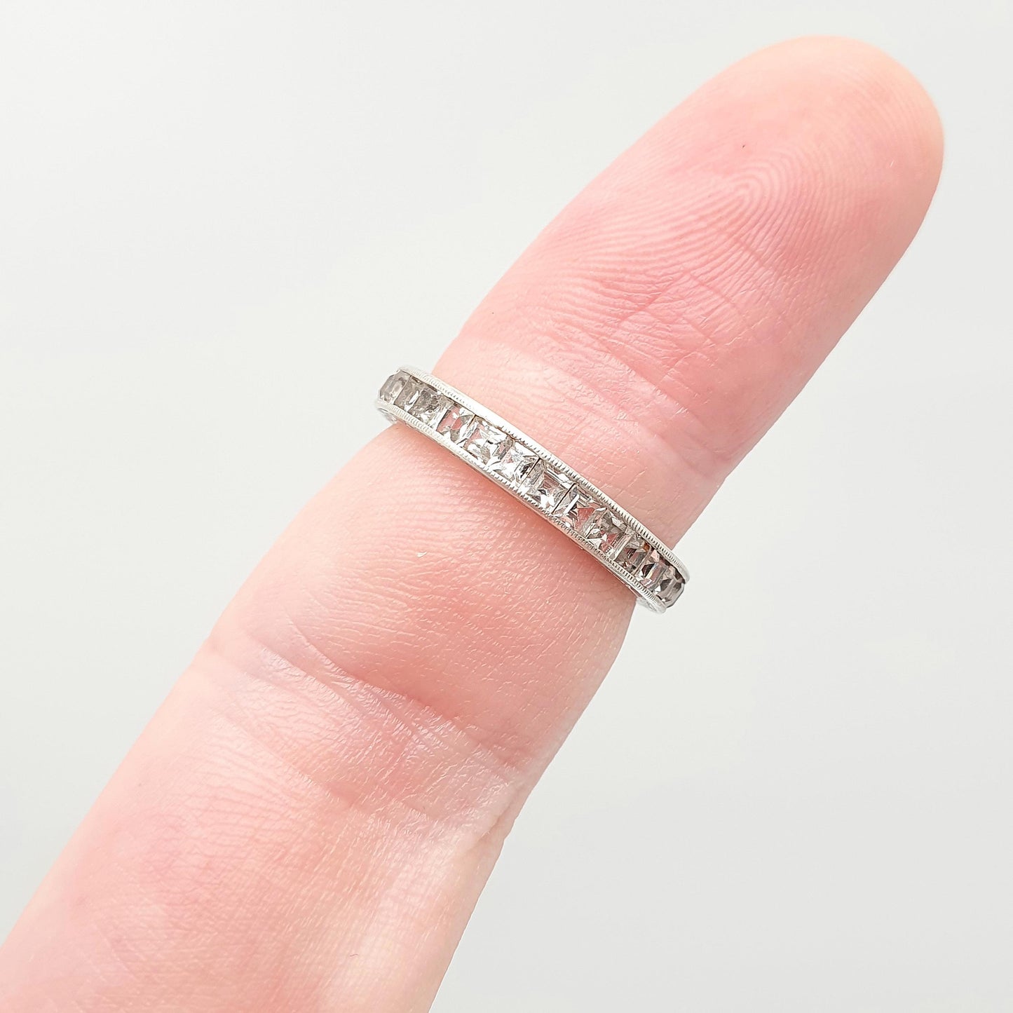 Antique Solid Silver White Sapphire Eternity Ring Genuine Gemstone Channel Cut Art Deco Full Band Vintage Womens Jewelry Jewellery