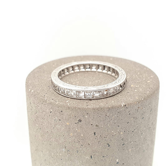 Antique Solid Silver White Sapphire Eternity Ring Genuine Gemstone Channel Cut Art Deco Full Band Vintage Womens Jewelry Jewellery