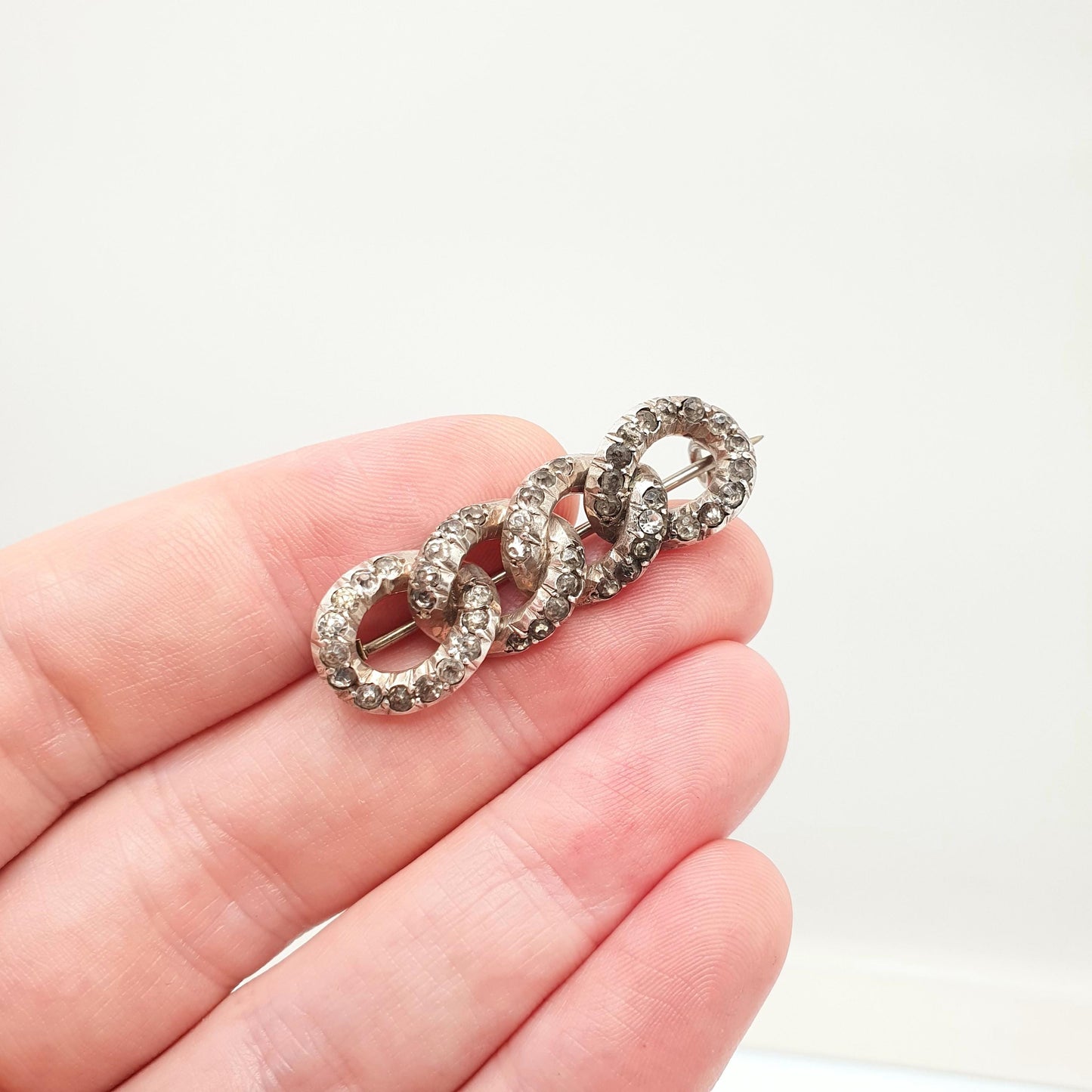 Antique Victorian Solid Silver Diamond Paste Curb Link Brooch Pin Rare Unique Chain Links 1800s Vintage Womens Jewelry Jewellery