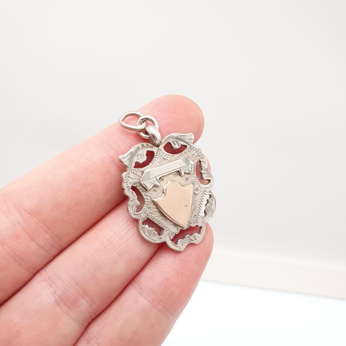 Antique Victorian Sterling Silver Shield Pendant Necklace 1899 Hallmark Albert Chain Fob Rose Gold Highlight Mens Jewelry Jewellery