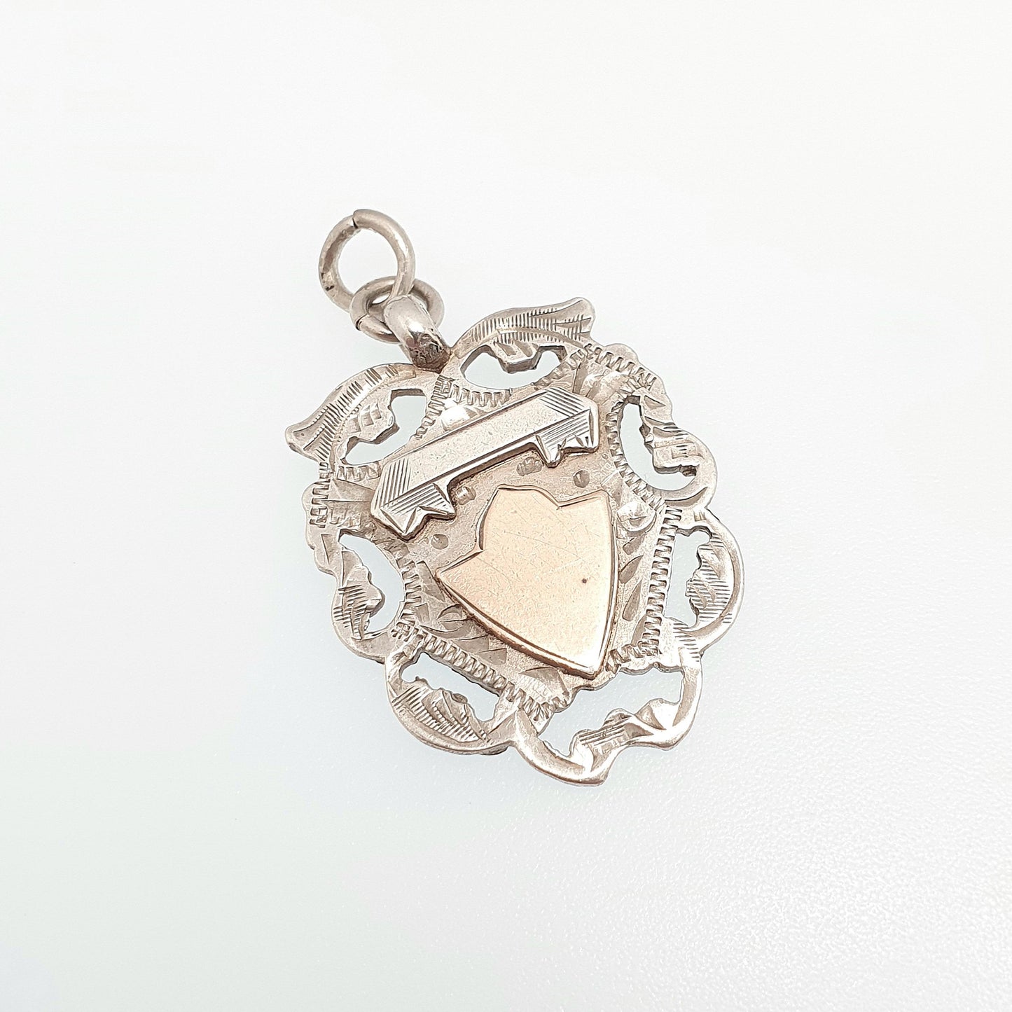 Antique Victorian Sterling Silver Shield Pendant Necklace 1899 Hallmark Albert Chain Fob Rose Gold Highlight Mens Jewelry Jewellery