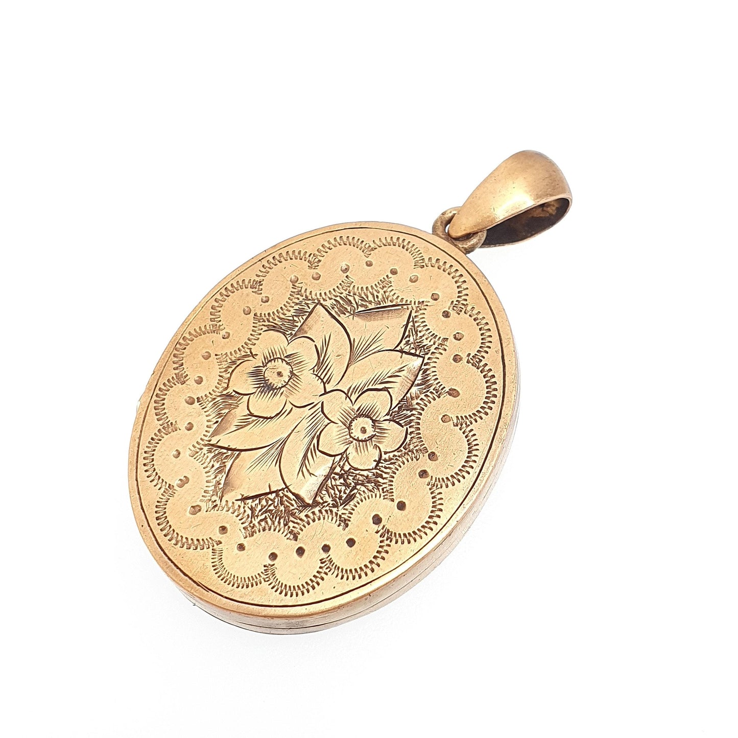 Antique Victorian Gold Gilt Locket Large Oval Flower Hand Engraved Photo Picture Necklace Pendant Vintage Picture Gift Jewellery Jewelry
