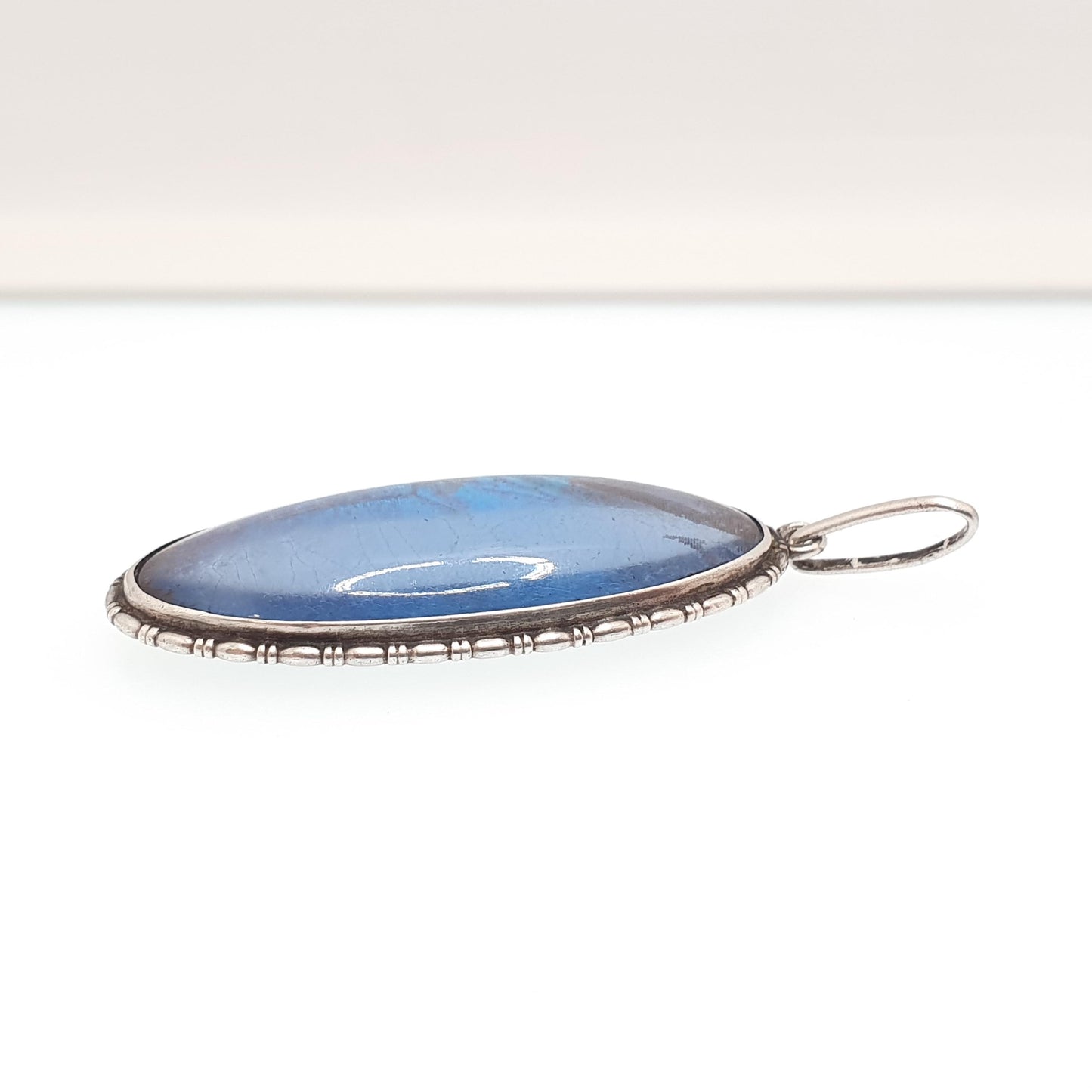 Antique Sterling Silver Butterfly Wing Necklace Pendant Large Oval Art Deco Round Vintage 1920s Blue Bug Fly Insect Jewelry Jewellery Womens