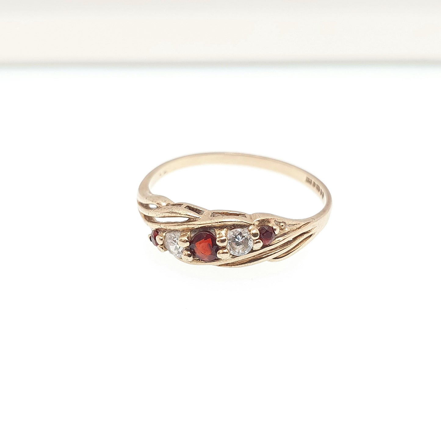 Vintage 9ct Gold Garnet Ring Solid 9k 375 CZ Cubic Zirconia Hallmarked Crimson Red Pyrope Gemstone Womens Retro Jewelry Jewellery