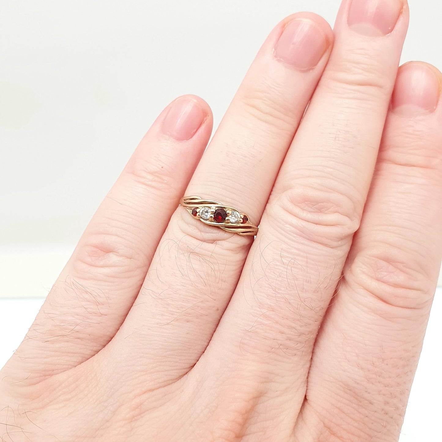 Vintage 9ct Gold Garnet Ring Solid 9k 375 CZ Cubic Zirconia Hallmarked Crimson Red Pyrope Gemstone Womens Retro Jewelry Jewellery
