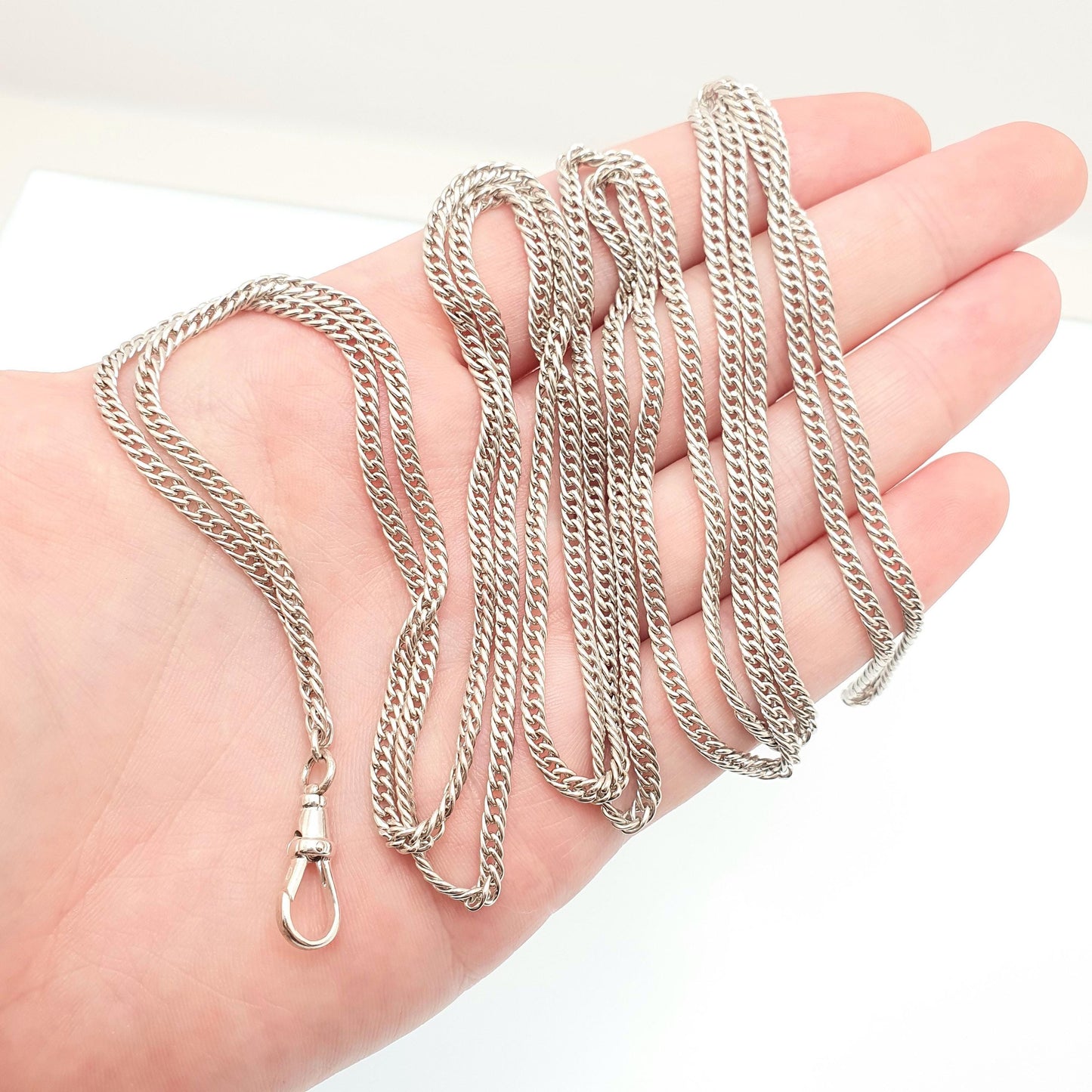 Antique Victorian Muff Chain Solid Silver Necklace Dog Clip 148cm 58" 35.98g Curb Link Very Long Heavy Guard Solid 925 Vintage Womens