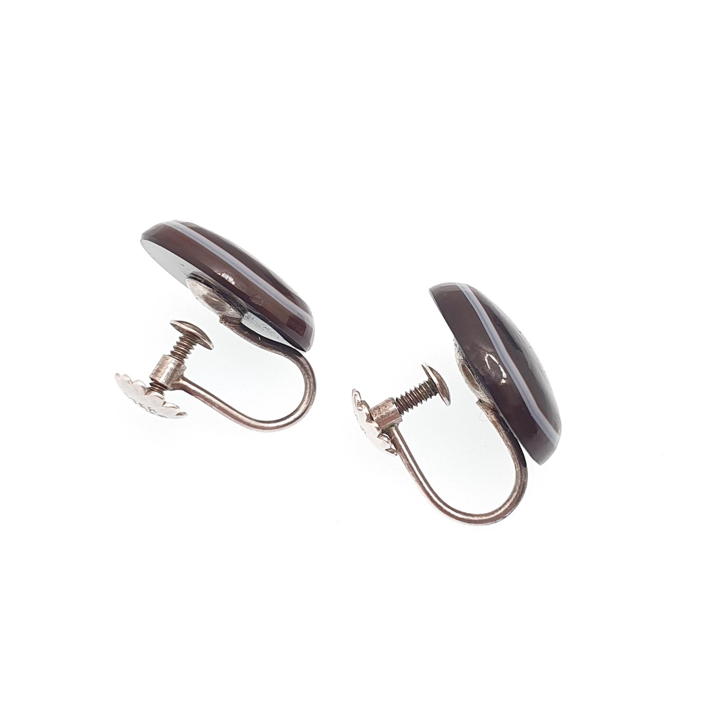 Antique Sterling Silver Bullseye Agate Earrings Victorian Genuine Gemstone Screw Back Oval Quartz White Band Vintage Jewelry Jewellery