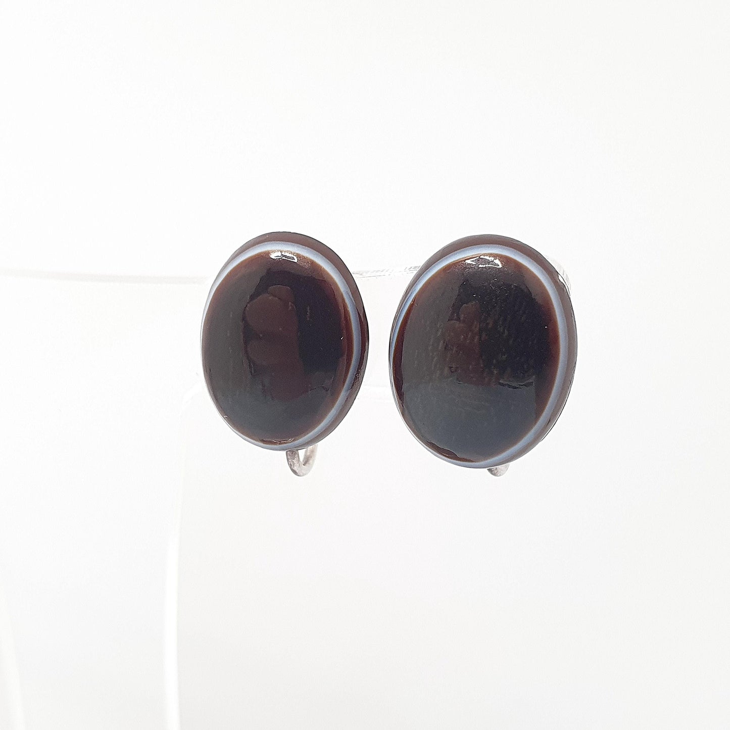 Antique Sterling Silver Bullseye Agate Earrings Victorian Genuine Gemstone Screw Back Oval Quartz White Band Vintage Jewelry Jewellery