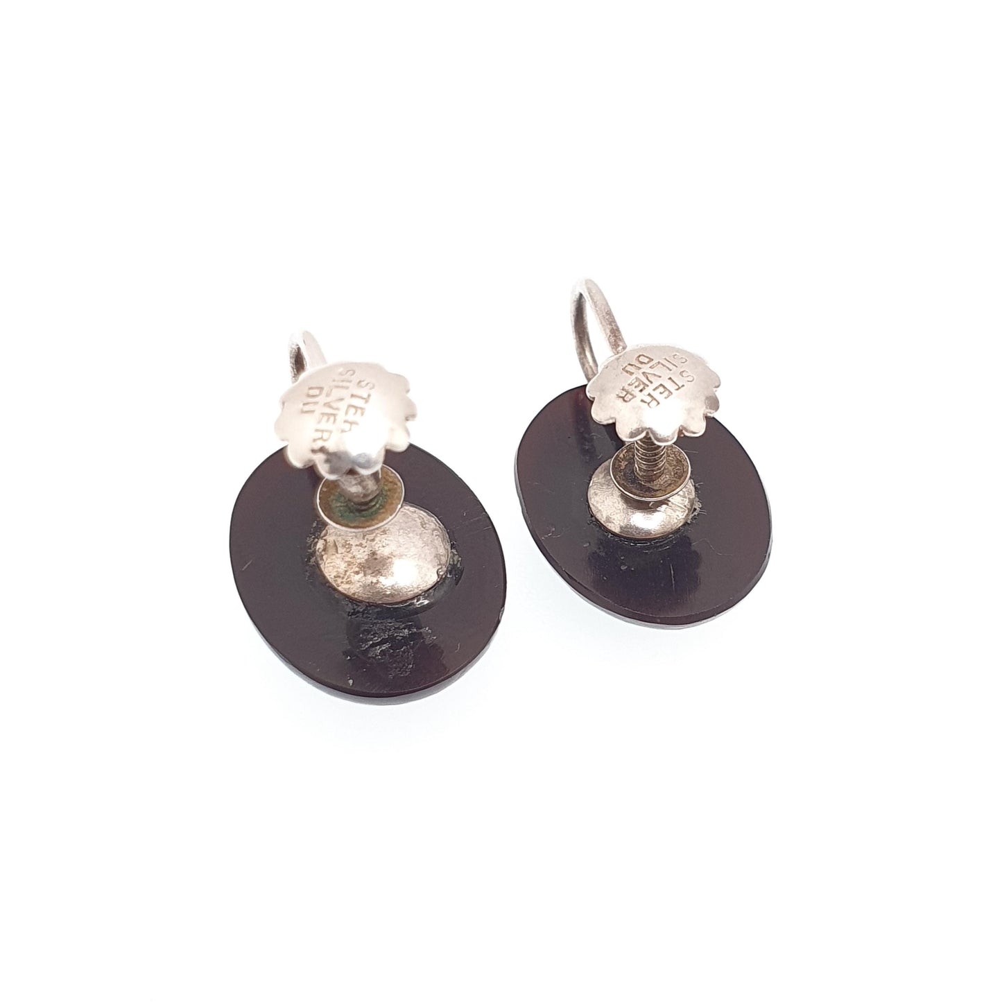 Antique Sterling Silver Bullseye Agate Earrings Victorian Genuine Gemstone Screw Back Oval Quartz White Band Vintage Jewelry Jewellery