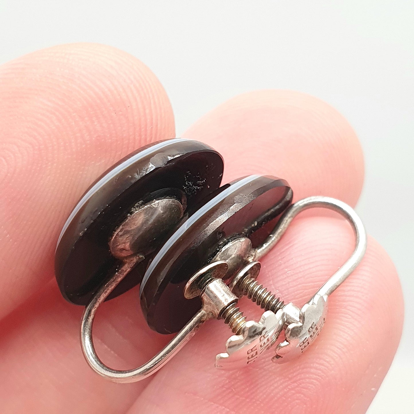 Antique Sterling Silver Bullseye Agate Earrings Victorian Genuine Gemstone Screw Back Oval Quartz White Band Vintage Jewelry Jewellery
