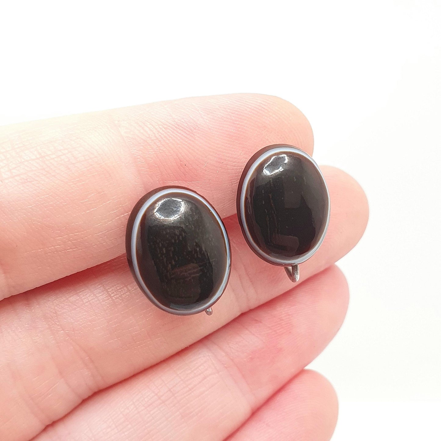Antique Sterling Silver Bullseye Agate Earrings Victorian Genuine Gemstone Screw Back Oval Quartz White Band Vintage Jewelry Jewellery