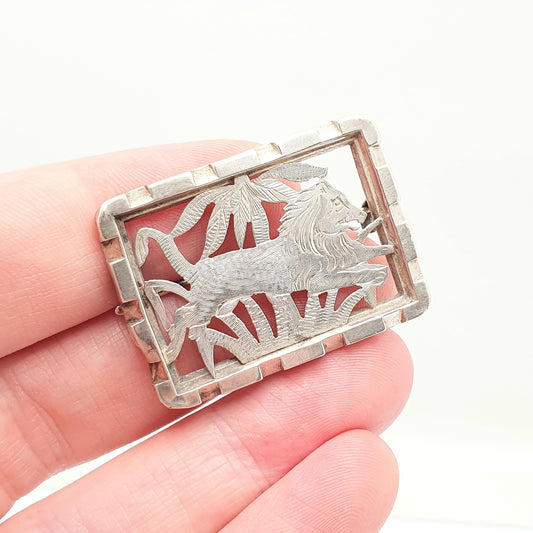 Antique Solid Silver Lion Brooch Victorian Pin Asian Aesthetic Jungle Palm Tree Exotic 1800s Big Cat Vintage Womens Jewelry Jewellery