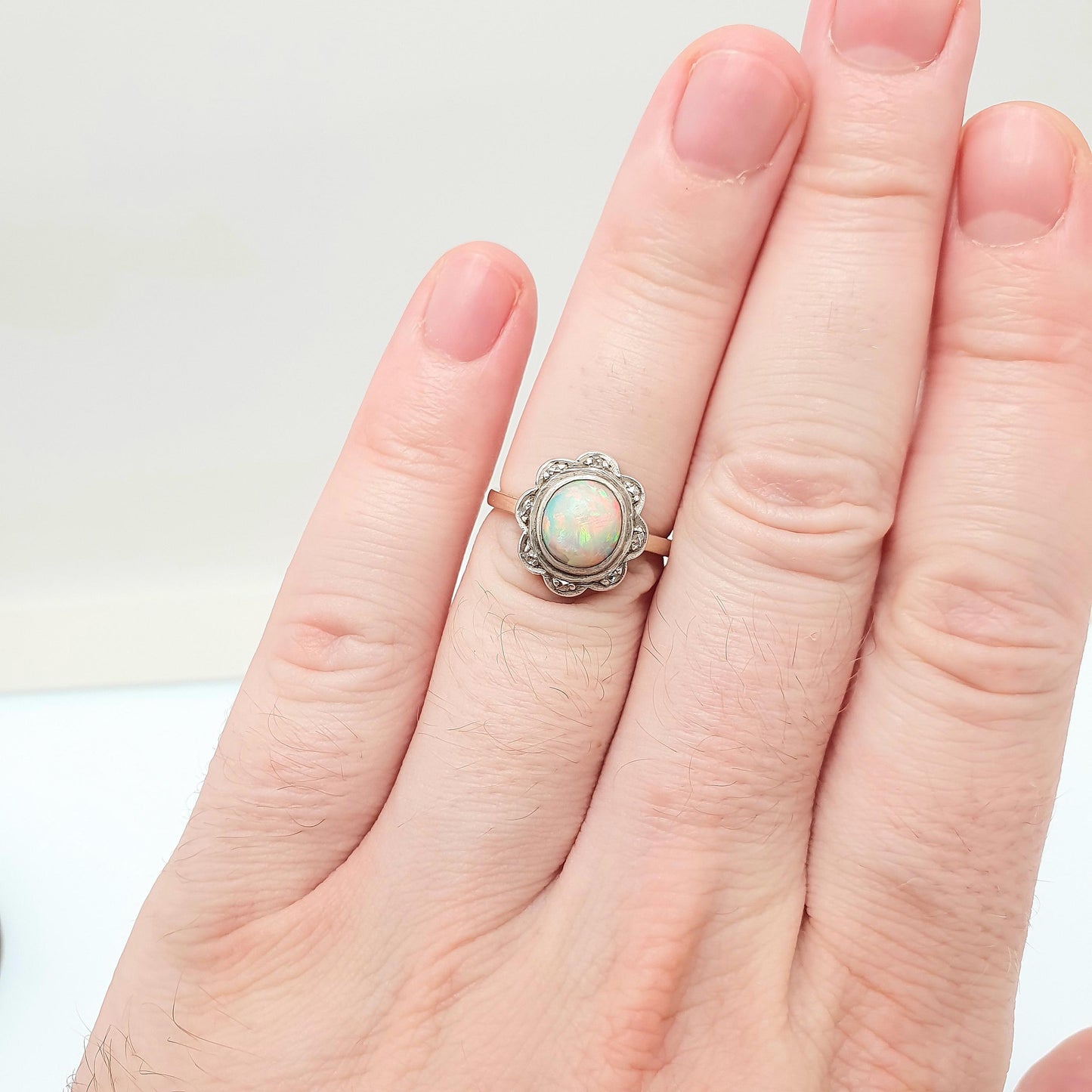 Antique 18ct Gold Opal & Diamond Ring Victorian Solid Silver Set Bezel Cluster Halo Solid 18k 750 Yellow Ladies Womens Jewelry Jewellery