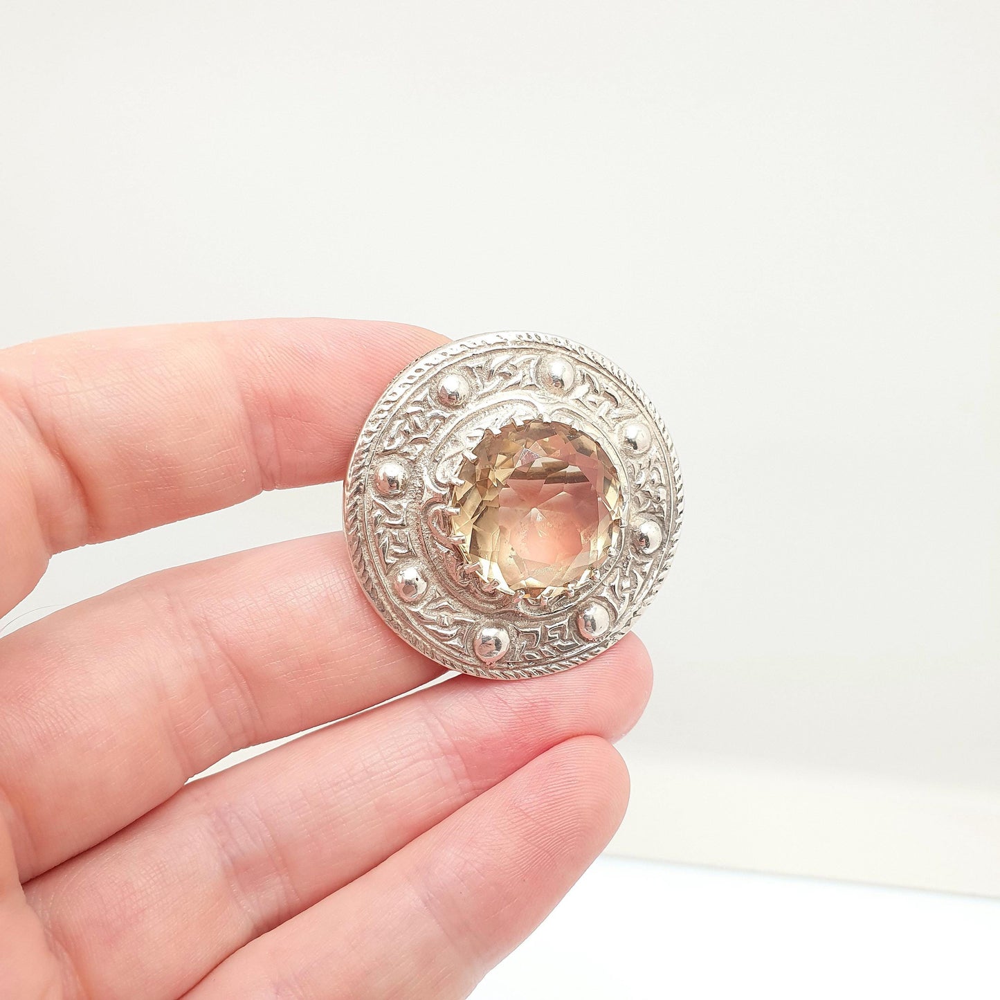 Old Vintage Sterling Silver Citrine Brooch Pin ROBERT ALLISON 1953 Scottish Celtic Large Gemstone Engraved Solid 925 Jewelry Jewellery