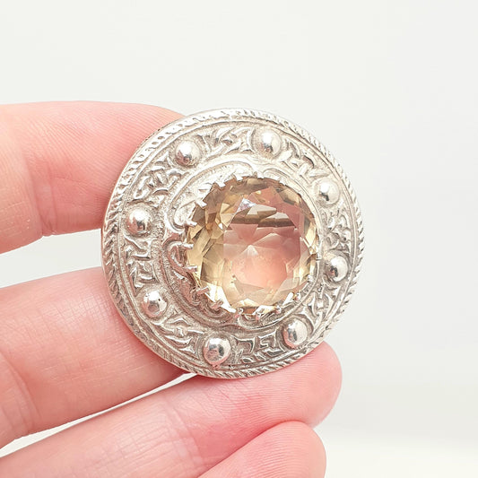 Old Vintage Sterling Silver Citrine Brooch Pin ROBERT ALLISON 1953 Scottish Celtic Large Gemstone Engraved Solid 925 Jewelry Jewellery