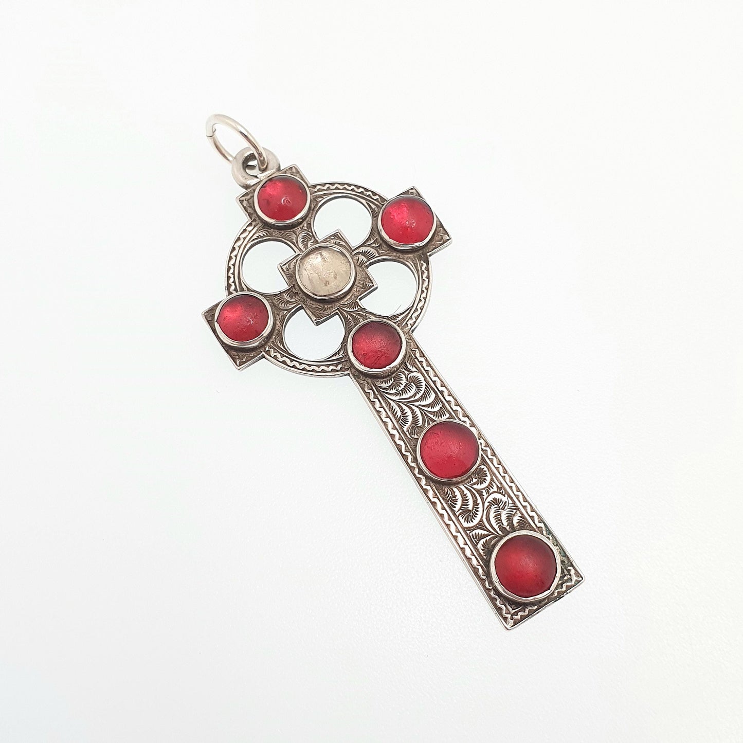 Antique Victorian Solid Silver Celtic Cross Pendant Garnet Paste Necklace Christian Hand Engraved Irish Gaelic Large Jewelry Jewellery