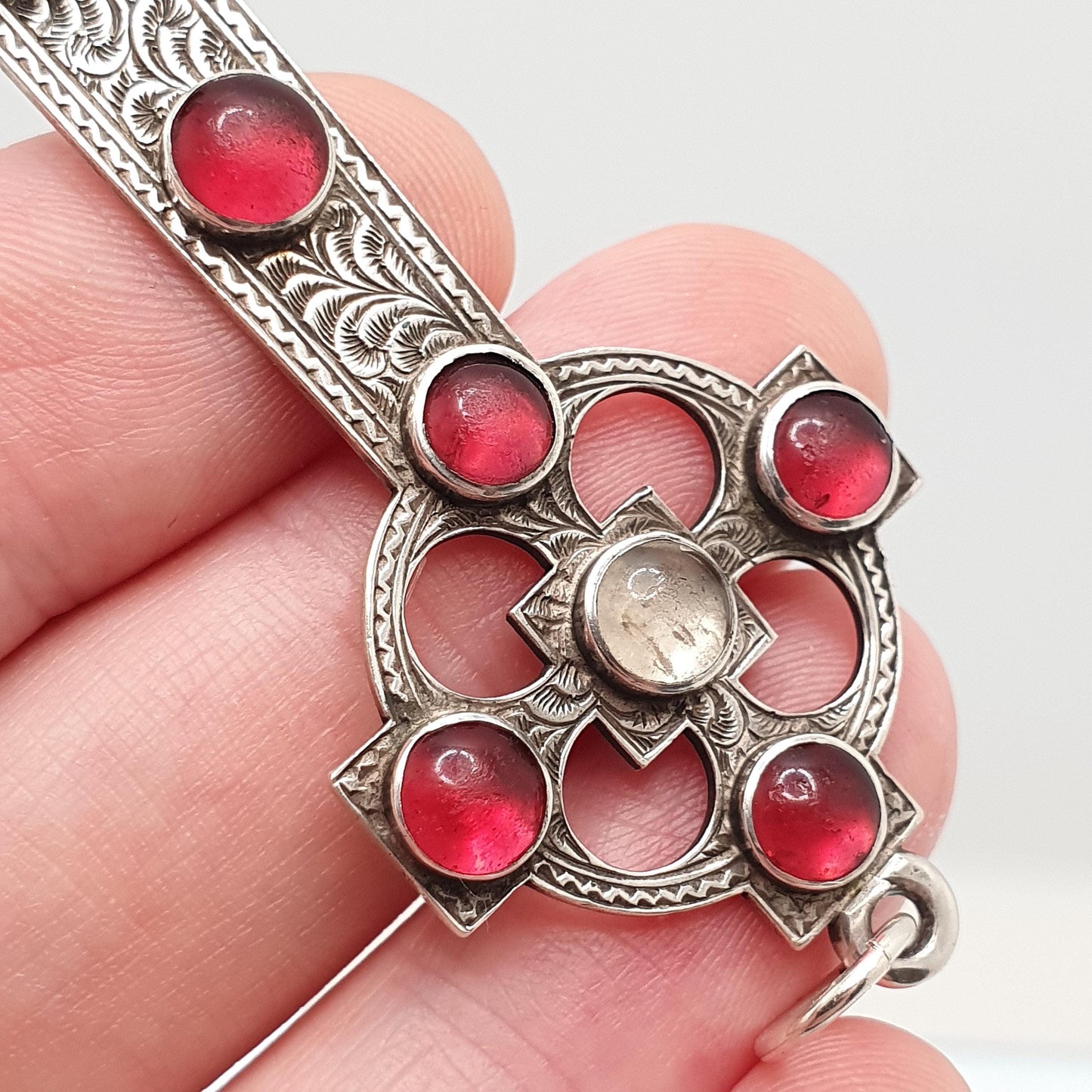 Antique Victorian Solid Silver Celtic Cross Pendant Garnet Paste Necklace Christian Hand Engraved Irish Gaelic Large Jewelry Jewellery