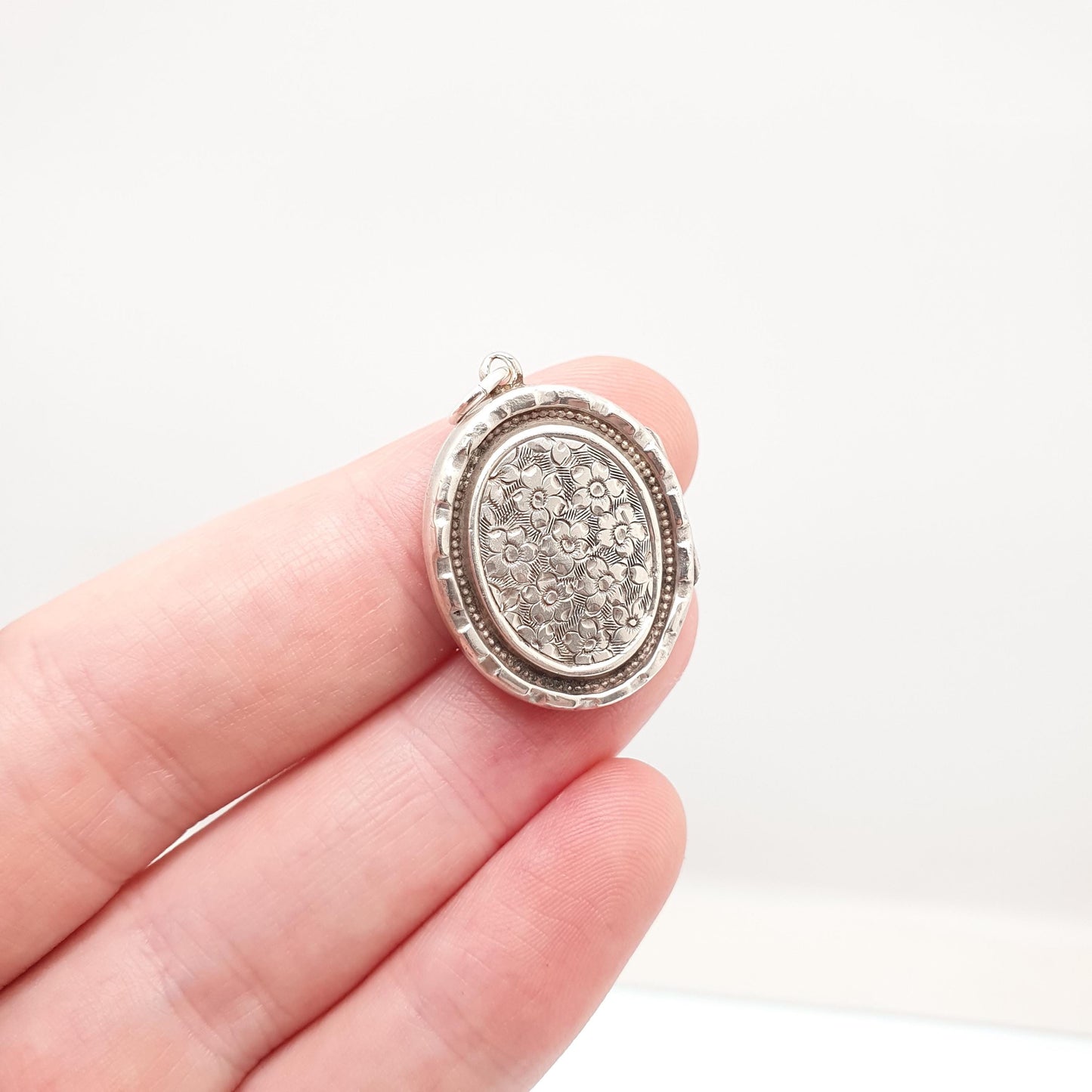 Antique Sterling Silver Locket Hallmark Oval Small Cute 1898 Hallmark Necklace Vintage Stepped Pendant Geometric Womens Jewelry Jewellery