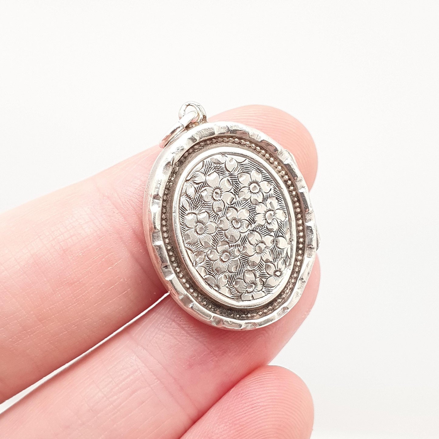 Antique Sterling Silver Locket Hallmark Oval Small Cute 1898 Hallmark Necklace Vintage Stepped Pendant Geometric Womens Jewelry Jewellery