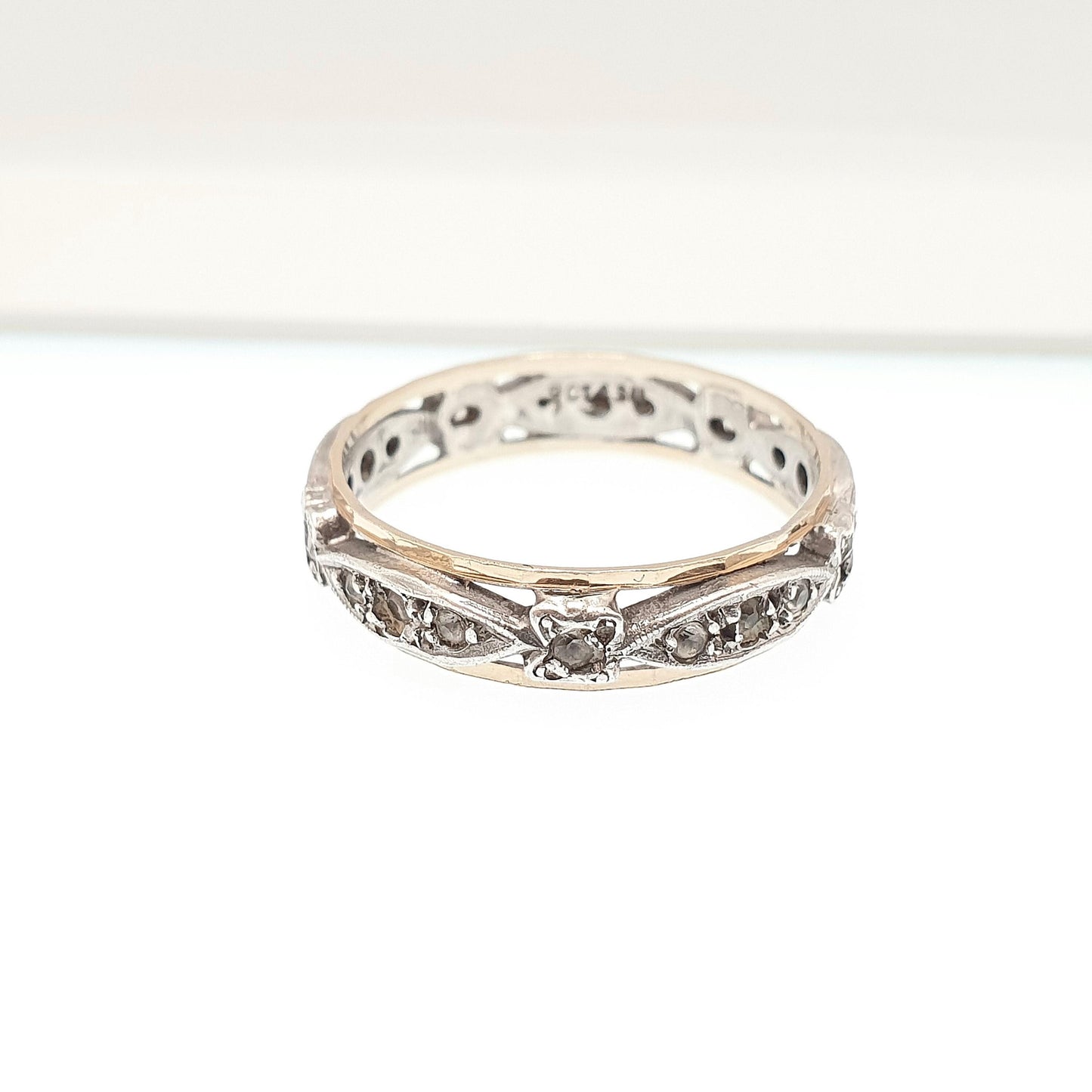Antique 9ct 9k Gold Sterling Silver Eternity Ring Diamond White Spinel Band Solid 9kt Gold Art Deco Vintage 1920s Womens Jewelry Jewellery
