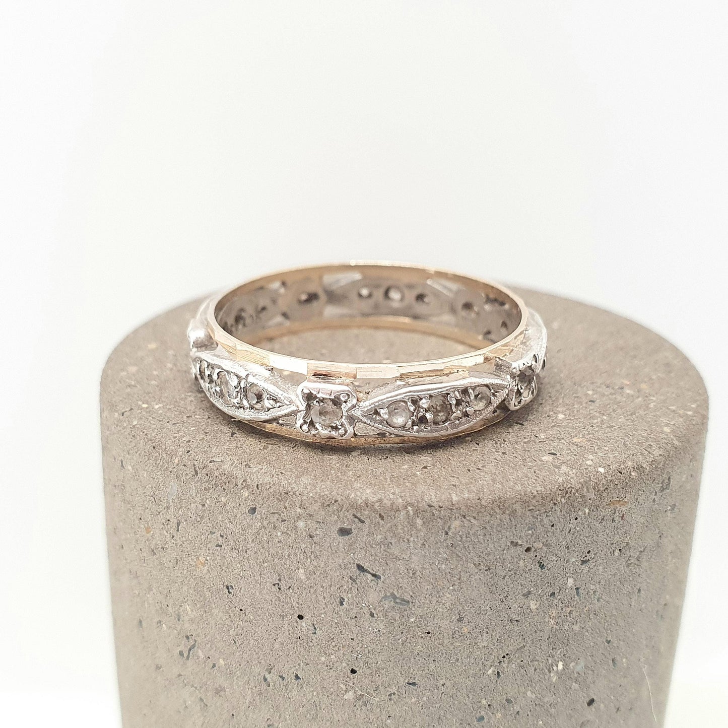 Antique 9ct 9k Gold Sterling Silver Eternity Ring Diamond White Spinel Band Solid 9kt Gold Art Deco Vintage 1920s Womens Jewelry Jewellery