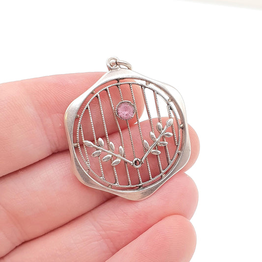 Antique Sterling Silver Pink Paste Pendant Necklace Edwardian Art Nouveau 1900s Openwork Hexagon Genuine Vintage Womens Jewelry Jewellery