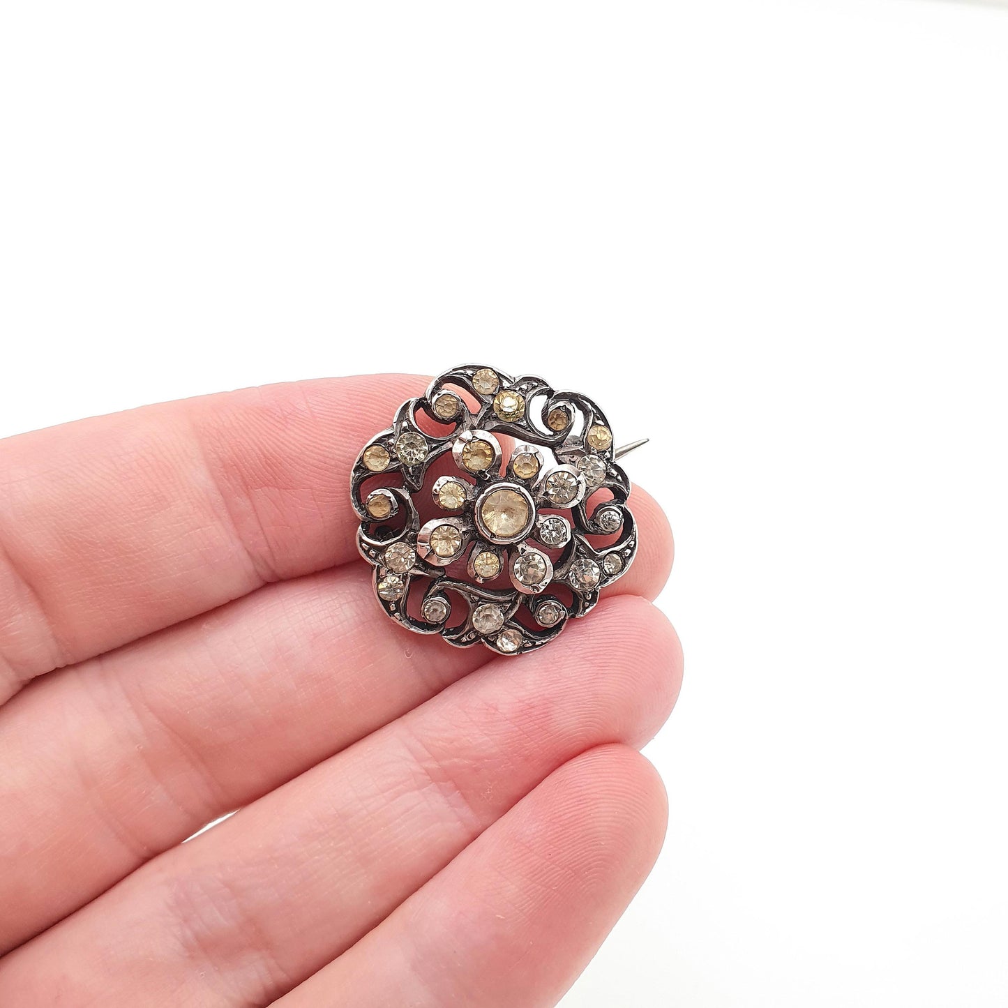Antique Victorian Solid Silver Diamond Paste Brooch Spiral Scroll Old Cut German 1800s Sparkly Foiled Glass Womens Jewellery Jewelry