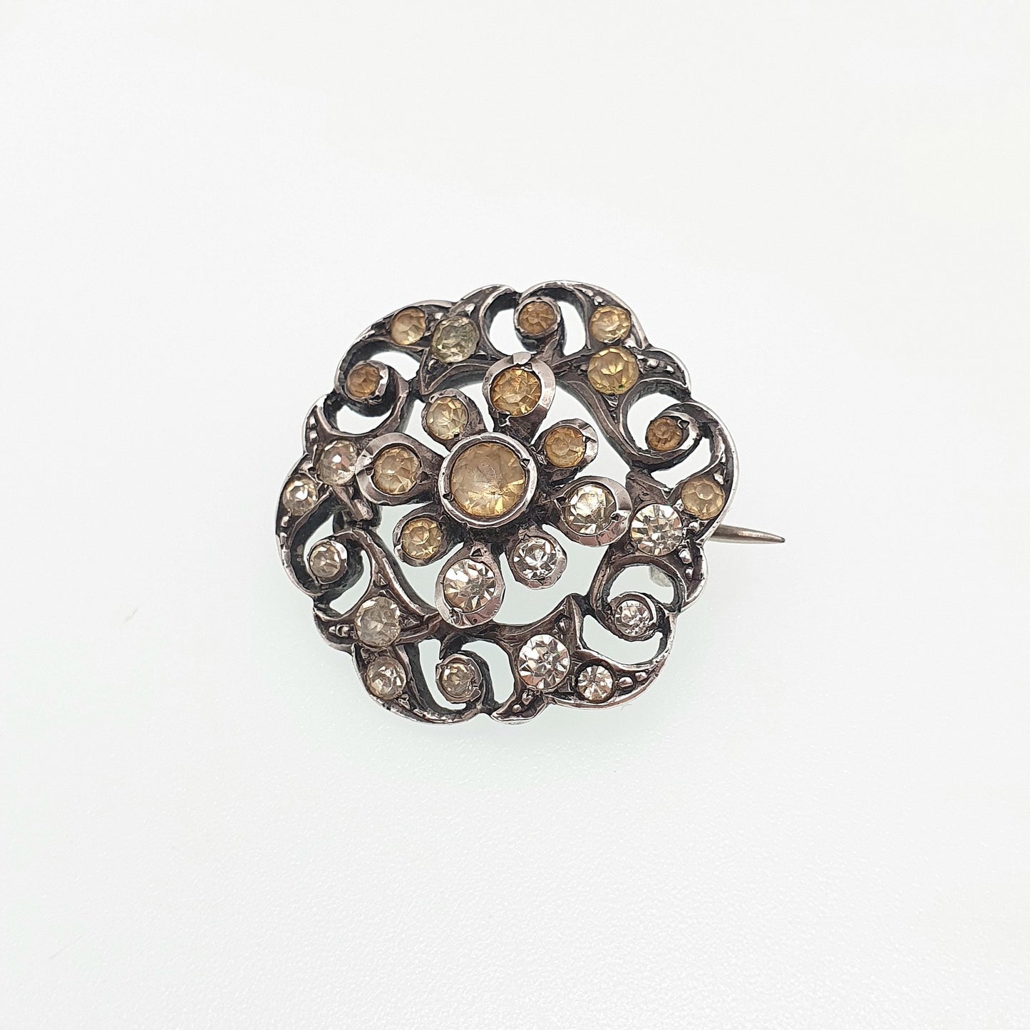 Antique Victorian Solid Silver Diamond Paste Brooch Spiral Scroll Old Cut German 1800s Sparkly Foiled Glass Womens Jewellery Jewelry