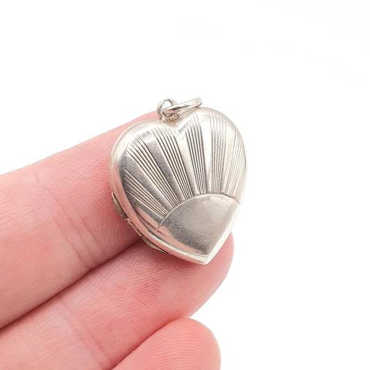 Antique Sterling Silver Sunburst Heart Locket Necklace Pendant Art Deco Lined Picture Photo Love 1920s Womens Jewelry Jewellery Vintage