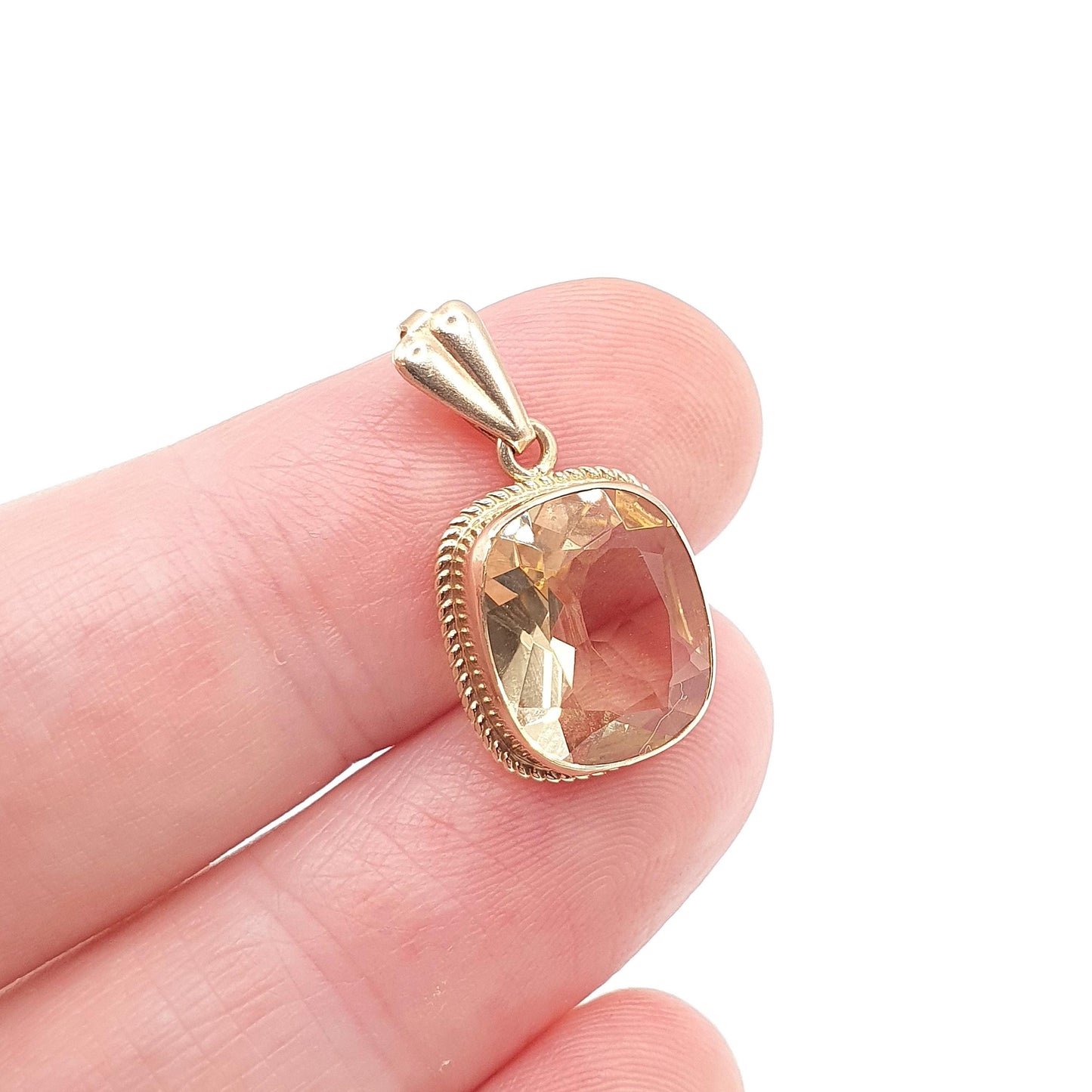 Vintage 9ct 9k Gold Citrine Pendant Necklace Solid 375 Rectangular Cushion Cut Orange Cognac Quartz Hallmarked Womens Jewellery Jewelry