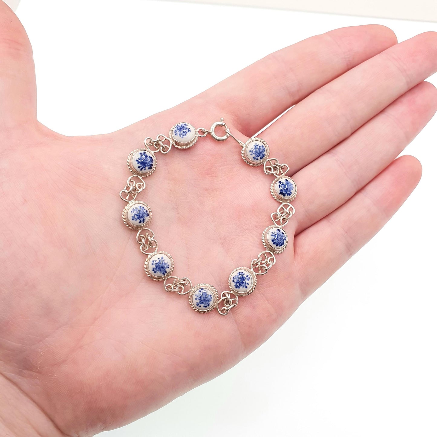 Vintage Dutch China Solid Silver Bracelet Flower Floral Dome Blue Ceramic Porcelain Chain Link Retro Womens Jewelry Jewellery