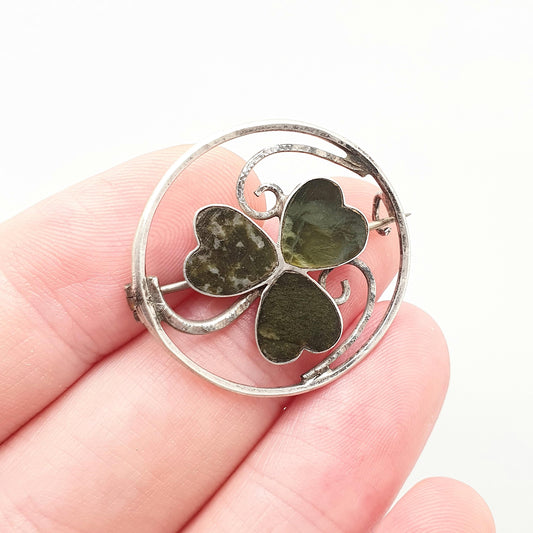Antique Connemara Clover Brooch Sterling Silver Horseshoe Lucky Irish Three Leaf Green Marble Shamrock Celtic Vintage Jewelry Jewellery