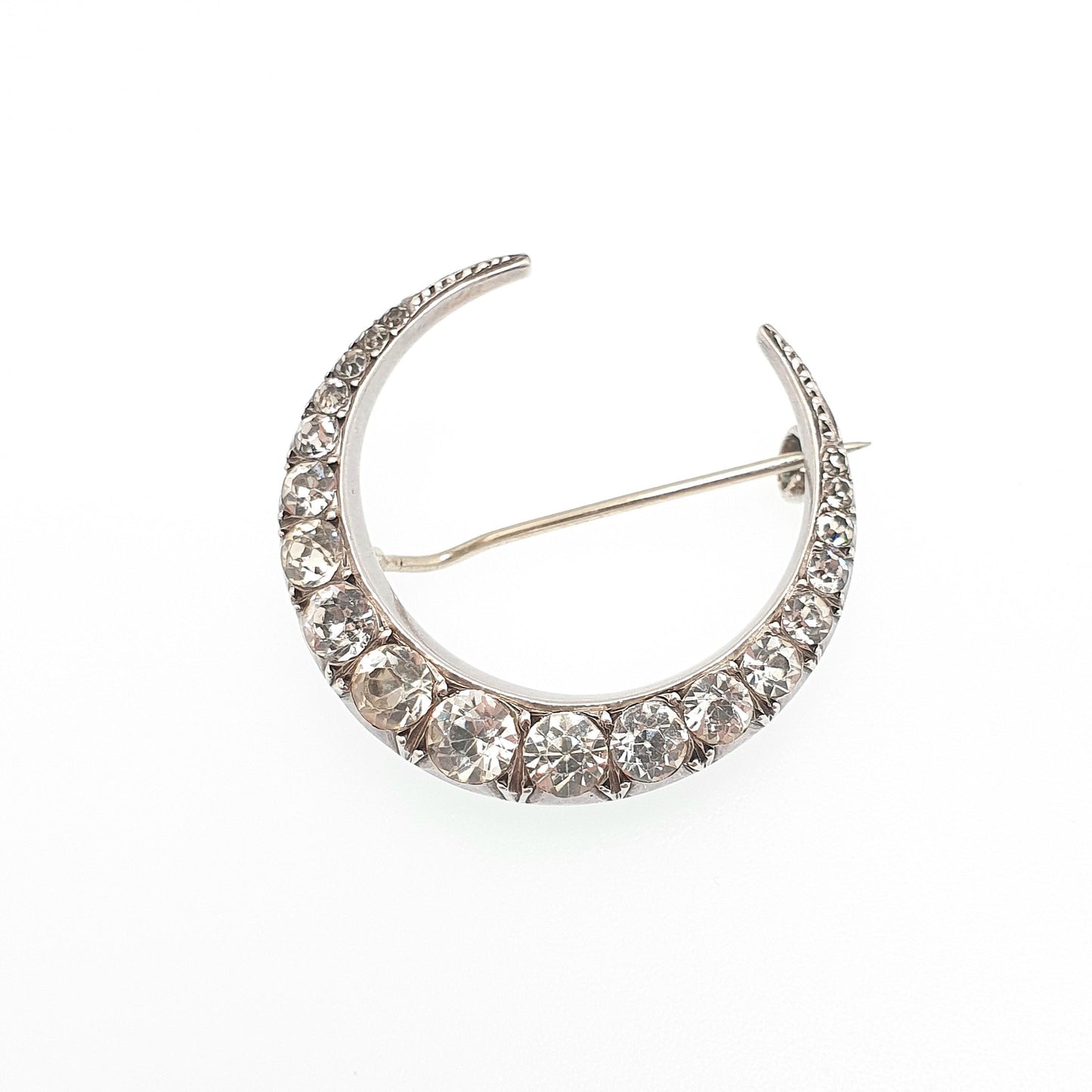 Antique Solid Silver Paste Crescent Moon Brooch PARISIAN DIAMOND COMPANY Star Victorian Night Sparkly Celestial Jewelry Jewellery Vintage