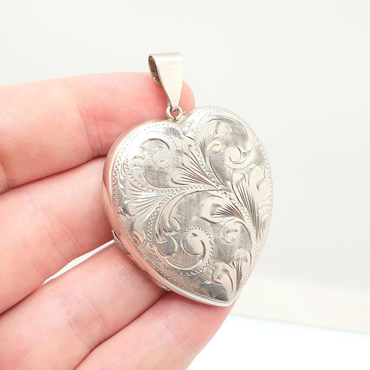 Vintage Sterling Silver Large Heart Locket Big Necklace Pendant Hand Engraved Solid 925 Cute Picture Photo Womens Ladies Jewelry Jewellery