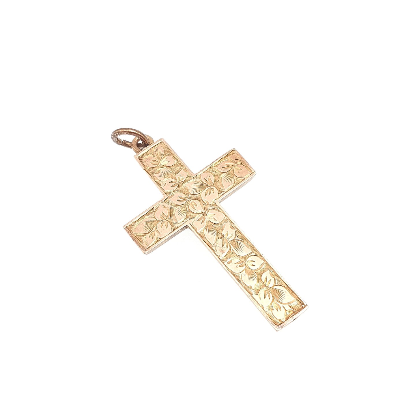 Antique 9ct 9k Gold Crucifix Necklace Rose Cross Pendant Leaf Engraved Cruciform Solid 375 Vintage Womens Mens Jewellery Jewelry