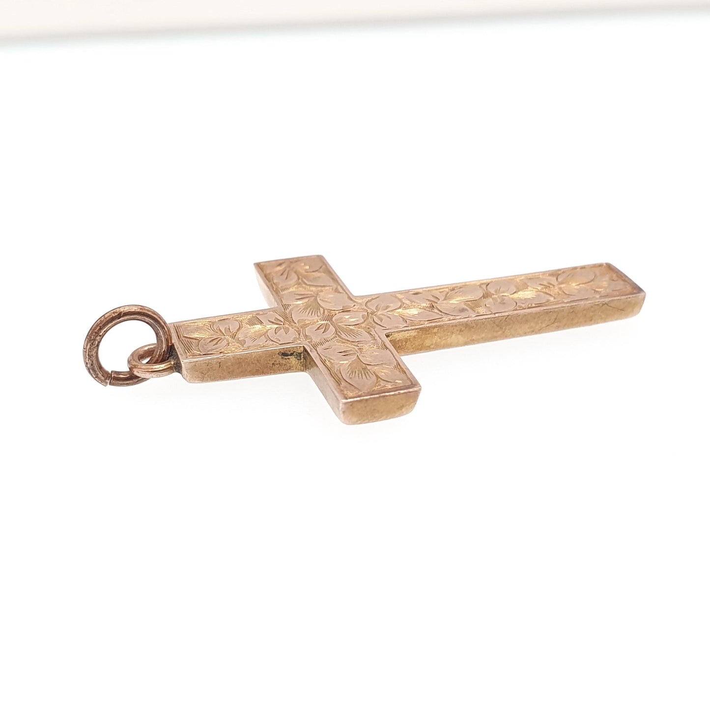 Antique 9ct 9k Gold Crucifix Necklace Rose Cross Pendant Leaf Engraved Cruciform Solid 375 Vintage Womens Mens Jewellery Jewelry