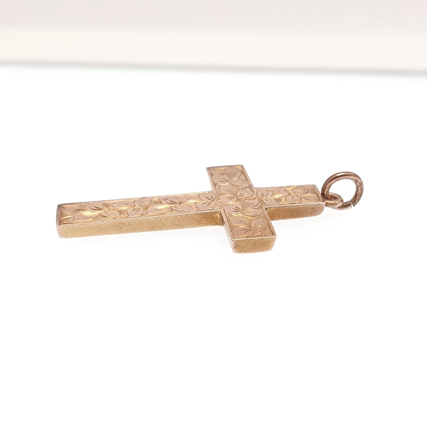 Antique 9ct 9k Gold Crucifix Necklace Rose Cross Pendant Leaf Engraved Cruciform Solid 375 Vintage Womens Mens Jewellery Jewelry
