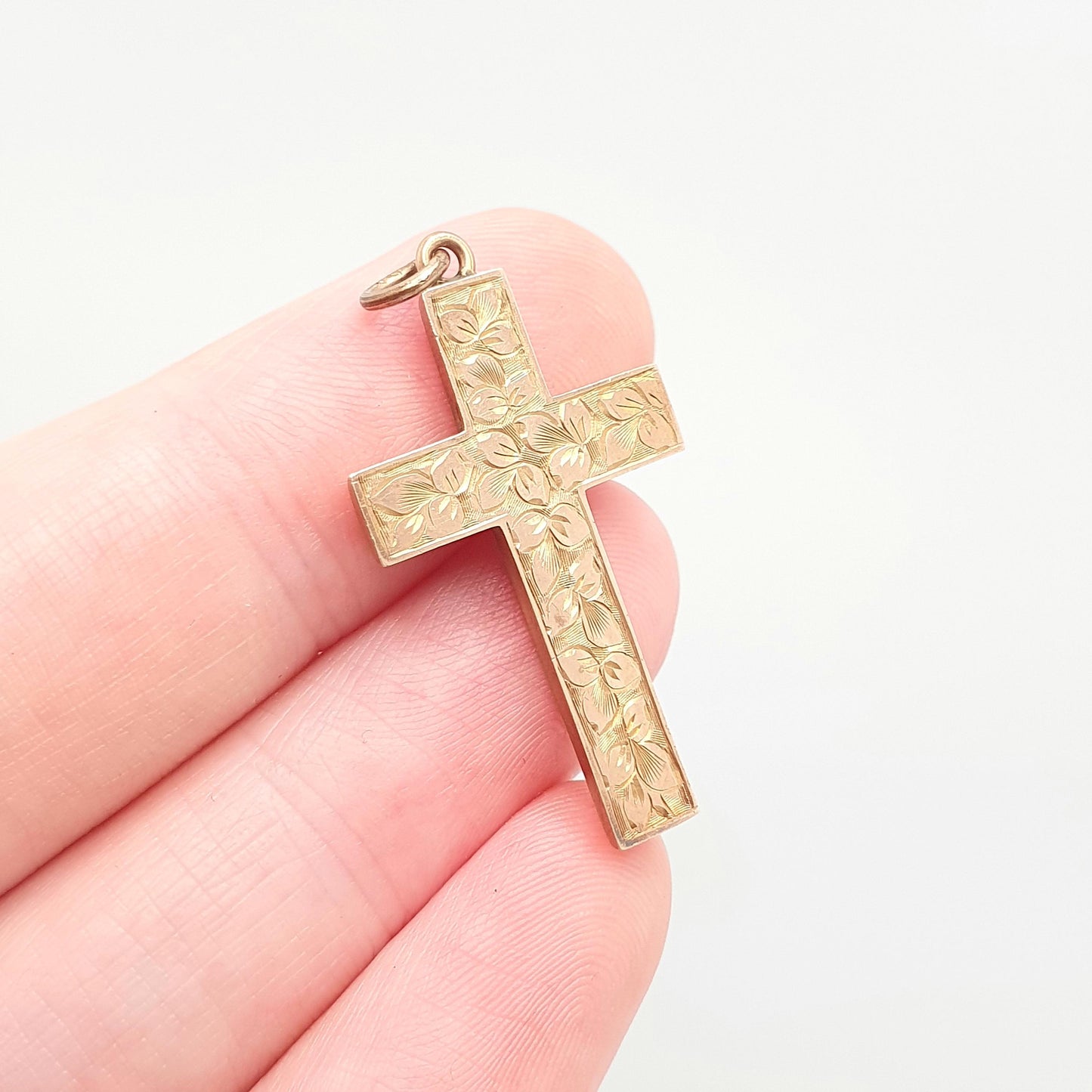 Antique 9ct 9k Gold Crucifix Necklace Rose Cross Pendant Leaf Engraved Cruciform Solid 375 Vintage Womens Mens Jewellery Jewelry