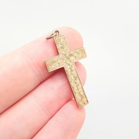 Antique 9ct 9k Gold Crucifix Necklace Rose Cross Pendant Leaf Engraved Cruciform Solid 375 Vintage Womens Mens Jewellery Jewelry