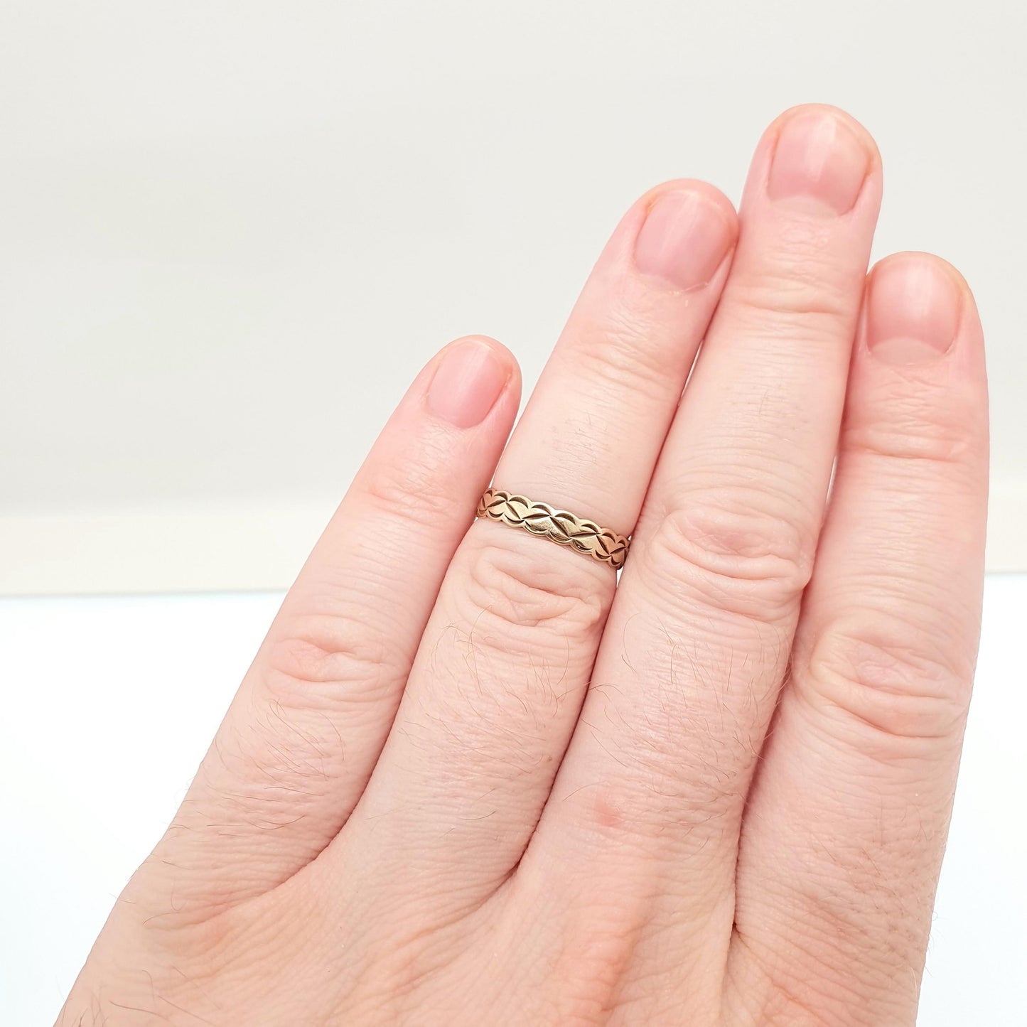 Vintage 9ct 9kt Gold Band Ring Etched Face Solid 9k 375 Wedding Stacking Stacker Gift  Yellow Smooth Mens Womens Fine Jewelry Jewellery