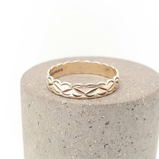 Vintage 9ct 9kt Gold Band Ring Etched Face Solid 9k 375 Wedding Stacking Stacker Gift  Yellow Smooth Mens Womens Fine Jewelry Jewellery