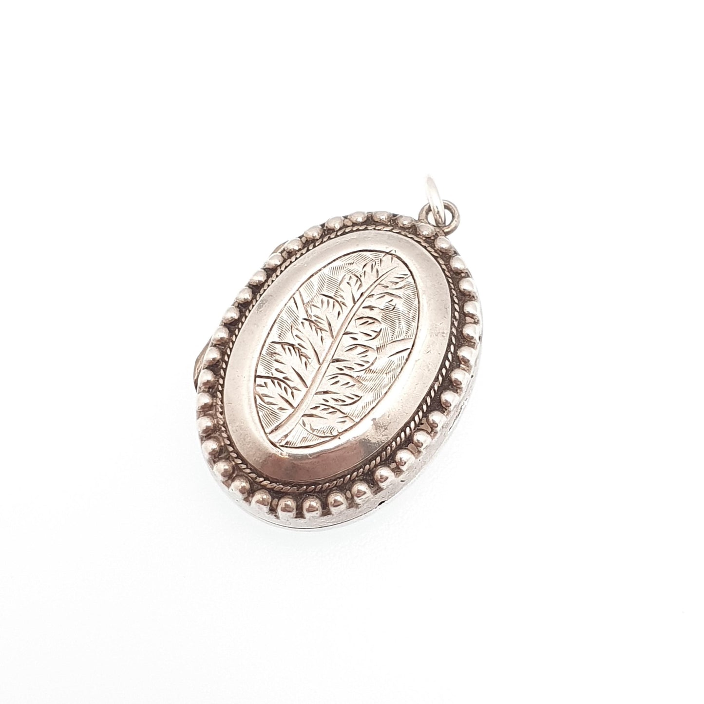 Antique Sterling Silver Victorian Locket Hallmark Oval Leaf Engraved Small Cute Necklace Vintage Pendant Beaded Womens Jewelry Jewellery